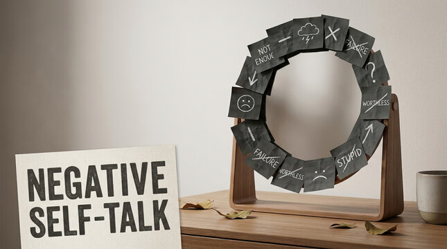 Negative self talk mirror wooden table handwritten discouraging word showing sad face and reflective glass, expressing doubt, failure, stress, and quiet indoor emotional struggle