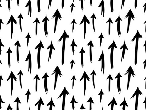 Seamless pattern of hand-drawn black arrows pointing upwards on a clean white background for modern