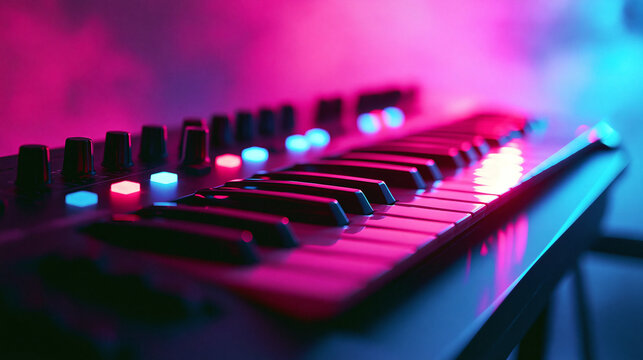A professional electronic music keyboard sits in a dark studio illuminated by vibrant pink and blue neon lights to create a creative mood for music production