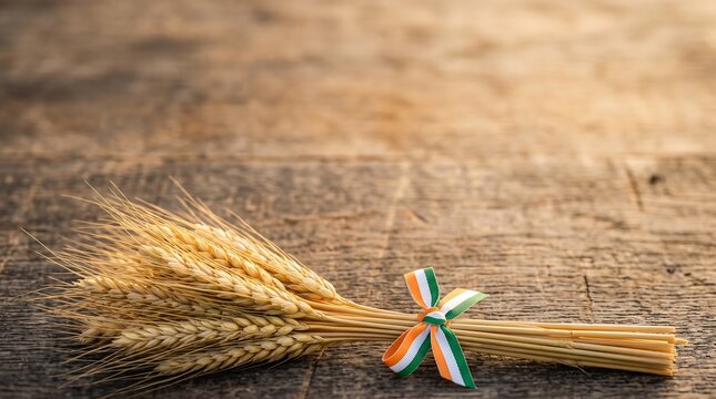 Golden wheat sheaf tied with Indian tricolor ribbon on rustic wooden background.