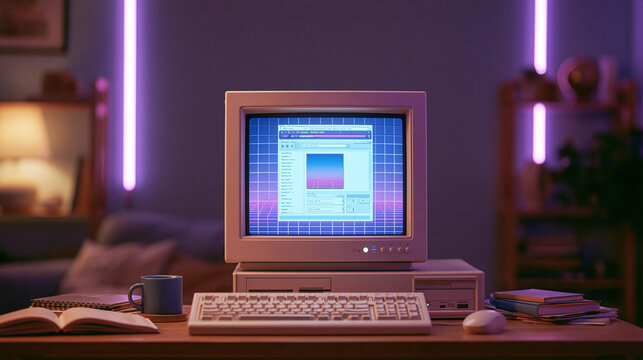 A vintage computer monitor sits on a wooden desk in a room illuminated by soft purple neon lights creating a nostalgic atmosphere for a creative work space