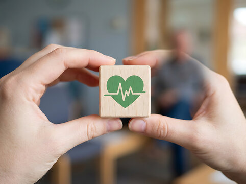 Person holding wood block with heart icon