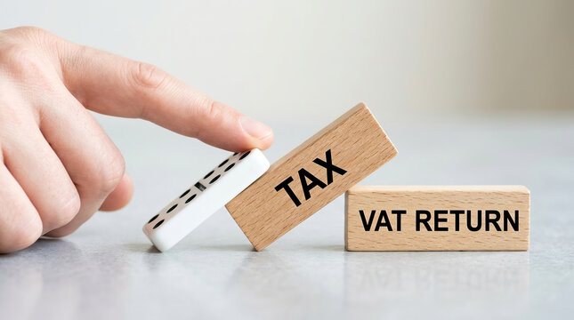 Tax value added tax return wooden block hand financial pressure payment obligation fiscal administration concept showing tipping tax block beside return block, symbolizing payment obligation