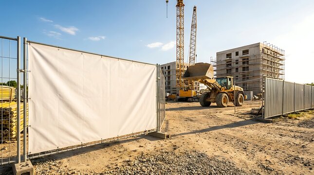 Construction site with building cranes and heavy machinery on a sunny day with a large blank banner in foreground for advertising and promotion of new development project.