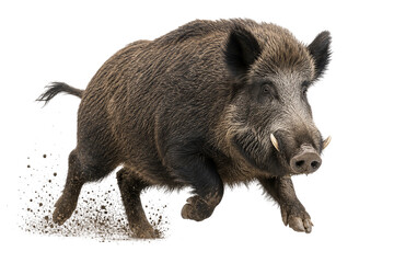 Naklejka premium Wild boar running forward with raised hooves kicking up dirt isolated on transparent background PNG element