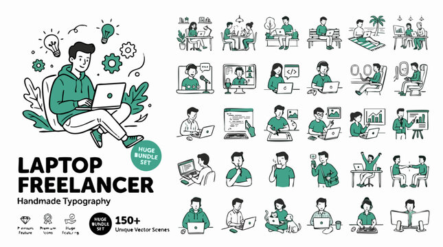 Freelancer laptop vector bundle, 150 unique remote work scenes, hand drawn doodle illustrations for digital nomads and business