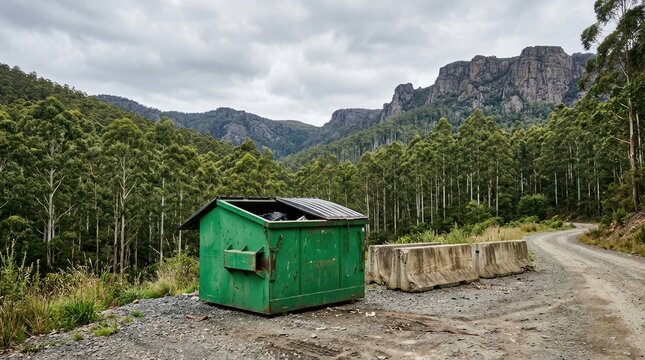 Green industrial waste dumpster on a gravel road in a mountain forest landscape