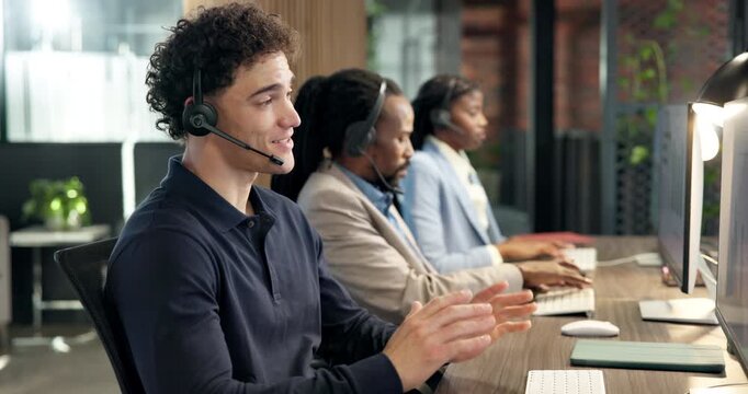 Man, computer and headset in call center for insurance, telemarketing or explain offer in sales. Agent, coworking and tech in agency for friendly communication, policy advice or list coverage options
