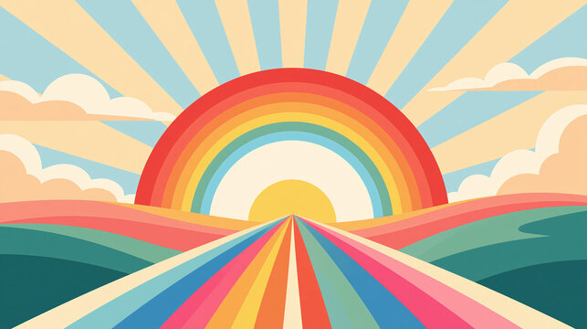 A vibrant rainbow shines over a colorful landscape with a bright sun and soft clouds in a retro style illustration that evokes a feeling of joy