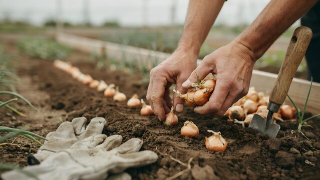 Hands Planting Onion Bulbs in a Garden Row with Garden Tools