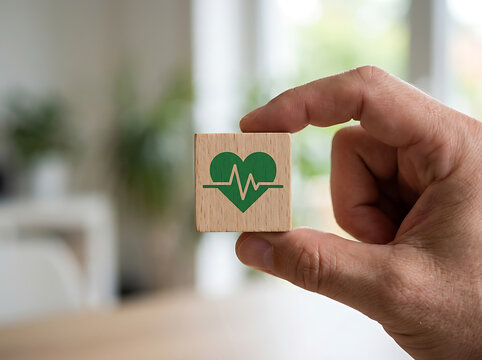 Hand holding wooden block with heart icon