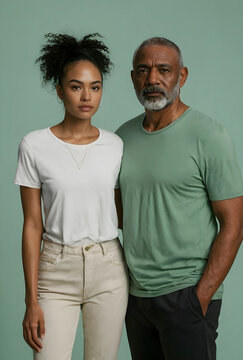 Generational diversity and family connection, multi-ethnic couple standing together with serious expressions on a studio background