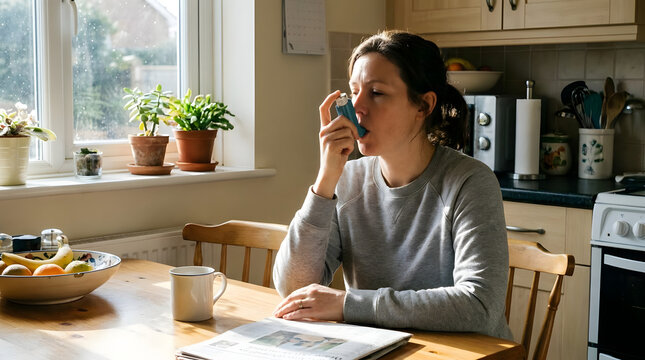Woman using asthma inhaler for respiratory relief in kitchen.
