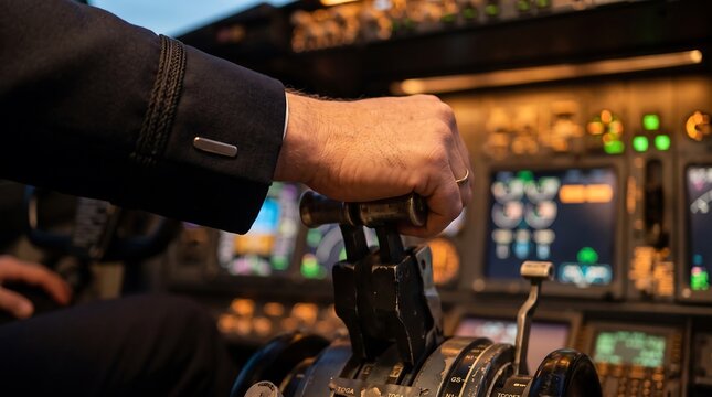 Airline pilot hand on throttle lever in modern airplane cockpit during flight