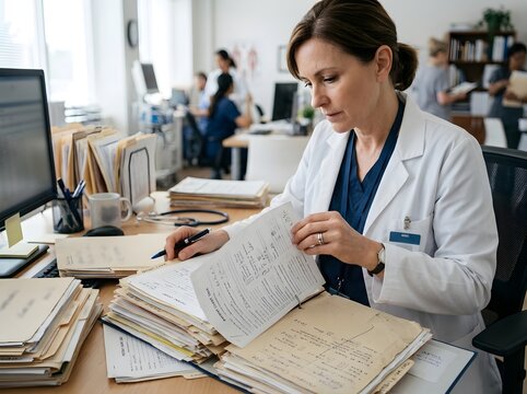 Focused female doctor in white lab coat intently reviewing detailed medical paperwork at a cluttered office desk with computer and colleagues working