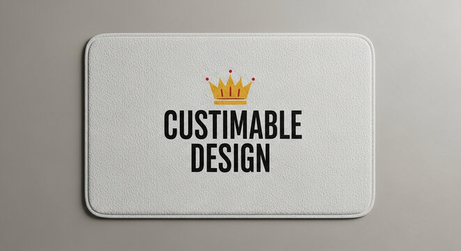 A horizontal rectangular bath mat displaying a promotional text and golden crown emblem lies neatly arranged upon a smooth surface providing inspiration for personalized interior home decor