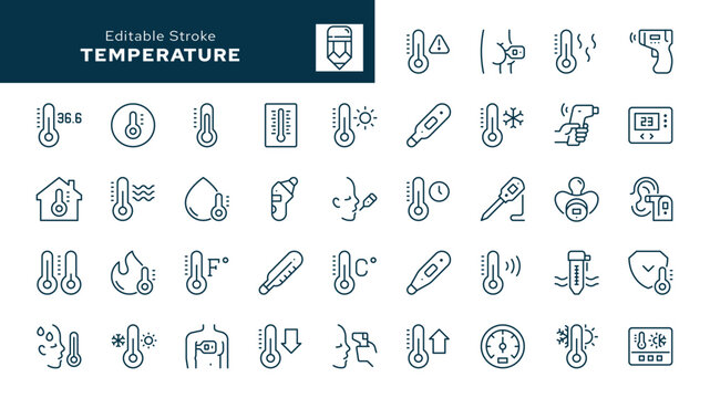 Temperature and thermometer outline icons set. Water and air temperature, mercury, electronic, infrared thermometer. Oral, rectal, ear temperature. Line icon in linear style. Vector collection