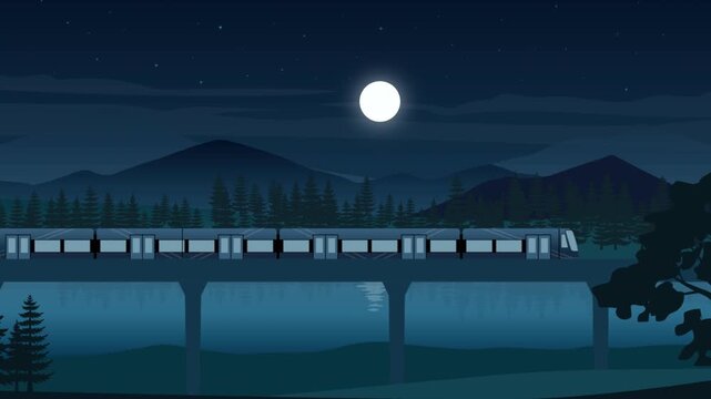 Animated mountain landscape at night with a passenger train crossing a railway bridge, pine forest, full moon and calm water in a stylized flat vector illustration.
