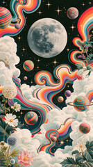 Obraz premium A surreal fantasy landscape features a large moon and colorful planets floating among vibrant rainbow clouds and blooming flowers in a dreamlike cosmic night sky