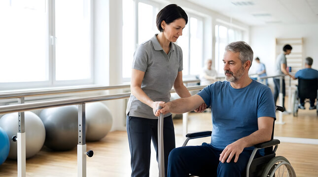 Therapist helping man in wheelchair with physical therapy.