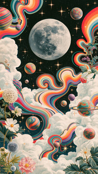 A surreal fantasy landscape features a large moon and colorful planets floating among vibrant rainbow clouds and blooming flowers in a dreamlike cosmic night sky