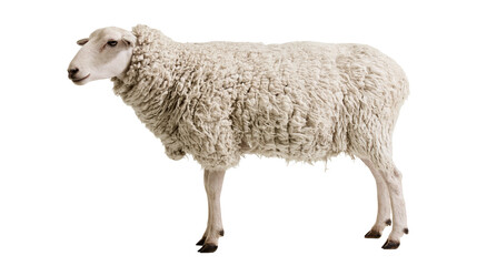 White sheep with thick wool standing profile view © Lysander