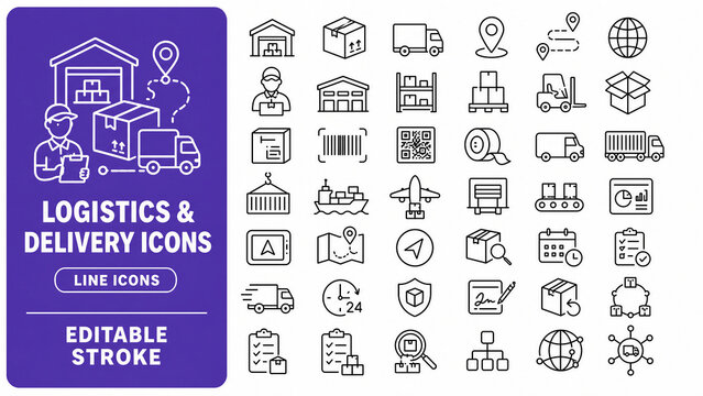 Logistics and delivery service outline icons for shipment tracking and freight management.