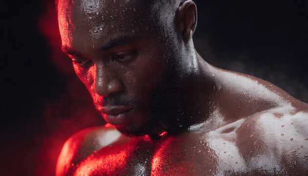 Sweating muscular man in dramatic red lighting. Intense physical training and endurance. Athlete resting and breathing heavily after a strenuous workout.