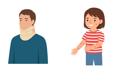 Obraz premium Injured man wearing a neck brace and a young girl with a skin rash showing health issues