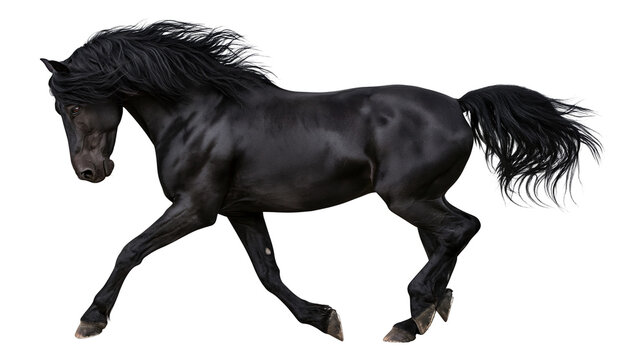 Black horse with flowing mane and tail in motion