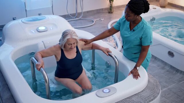 Senior woman in swimsuit steps into hydrotherapy pool with assistance from caregiver in teal scrubs, modern wellness center with water jets and plants visible in background