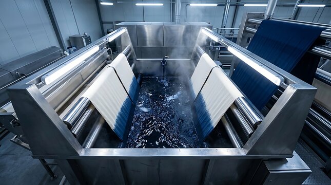 Textile dyeing process in industrial factory vat with blue dye solution and white fabric strips being immersed for color treatment in manufacturing environment.