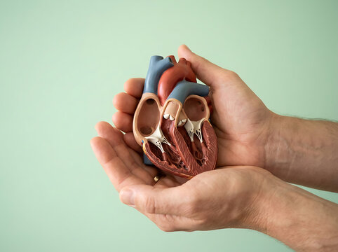 Hands holding a model of human heart