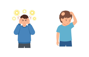 Fototapeta premium Illustration set of a stressed and confused boy depicting mental health and frustration