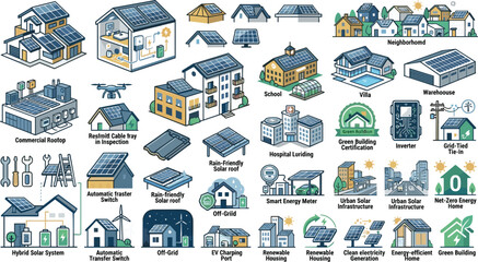 Fototapeta premium Modern Solar Energy Infrastructure Isometric Icon Set Featuring Residential Rooftop Systems, Smart Grid Components, Green Buildings, EV Charging, and Renewable Power Solutions