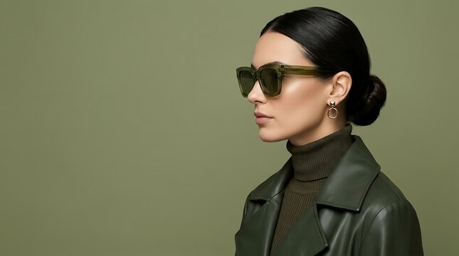 Fashionable young woman wearing olive green oversized sunglasses and leather coat standing sideways against neutral background for seasonal boutique portrait shoot.