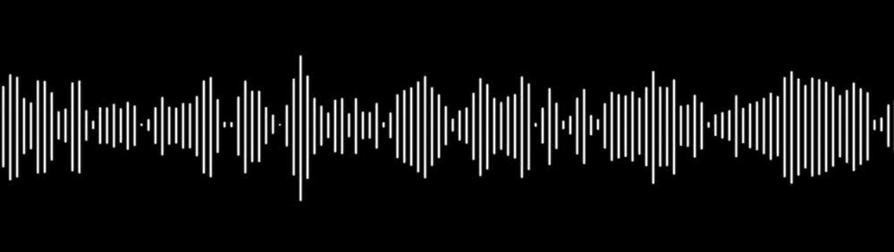 Sound signal. Graphic animation White on black background sound waves. 2D rendering.