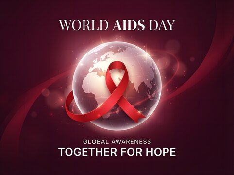World aids day awareness poster with red ribbon and globe