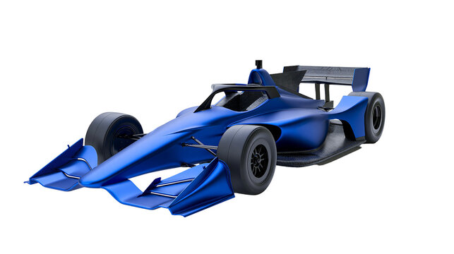 Blue open-wheel race car with aerodynamic wings