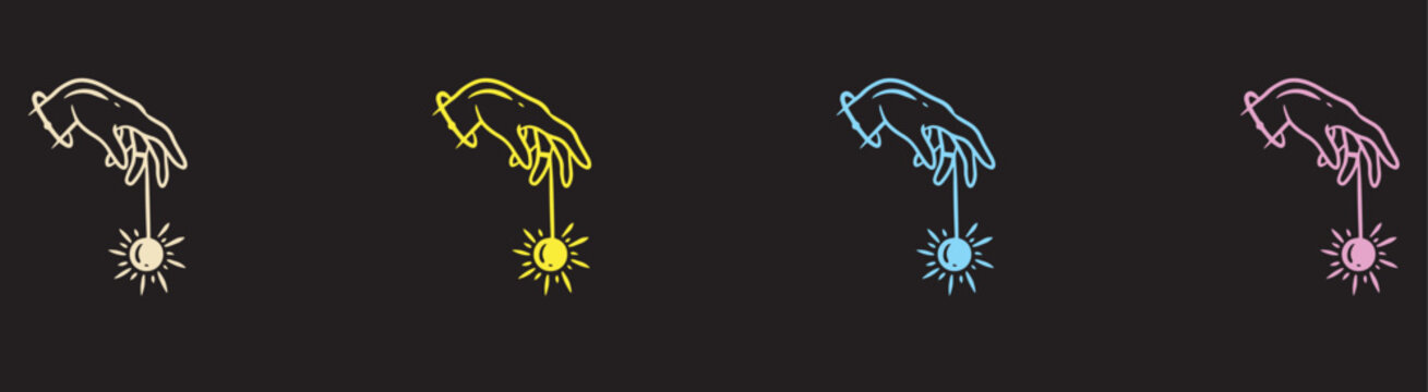 Esoteric illustration set of hands holding celestial pendulums on a dark background.