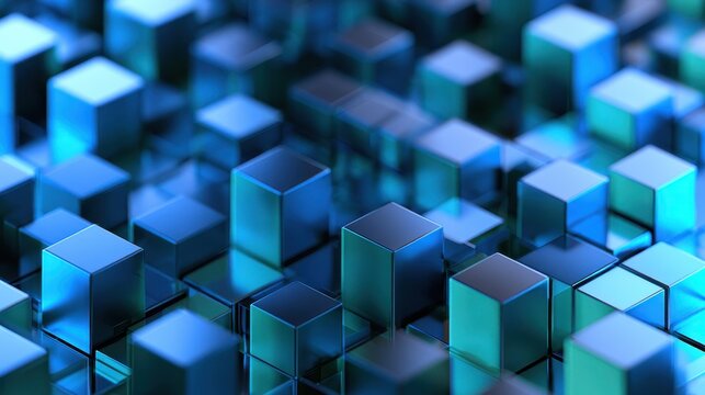 Futuristic grid of multisized blue and turquoise blocks with depth and glow