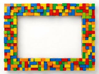 Fototapeta premium Vibrant LEGO Block Art Frame Showcasing Empty Canvas Space with Playful Multicolored Construction Border Design