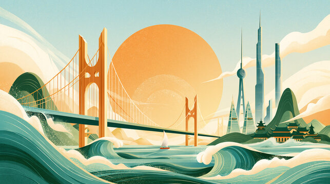 A small sailboat travels across the ocean waves under a large sun with a bridge and a modern city skyline visible in the background in this artistic illustration