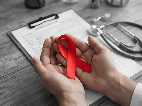 Hands holding a red ribbon for hiv and aids awareness