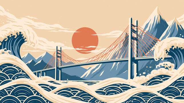 A modern suspension bridge stands between large ocean waves and tall mountains under a bright sun in a stylized illustration of a coastal landscape