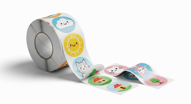 A colorful adhesive roll featuring playful drawings of cartoon animals and sunny weather symbols rests on a surface, showcasing creative stationery supplies designed for children's craft