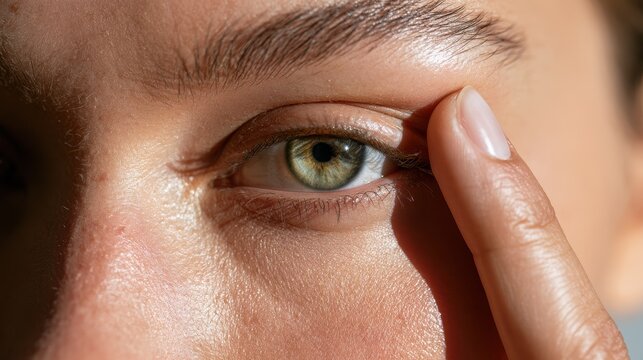 Gentle eye-focused gesture: intimate close-up portrait with calm expression and warm studio lighting