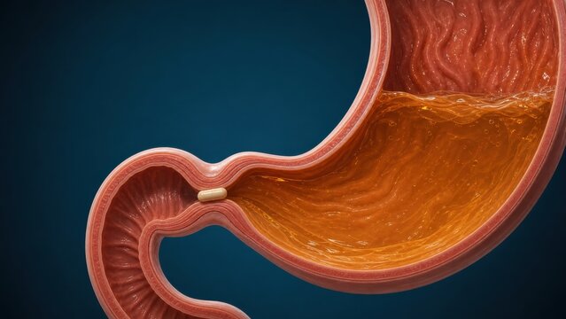 Capsule Pill Passing Through the Pyloric Sphincter in Stomach
