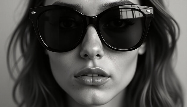 Black and white phot of a woman wearing big sunglasses