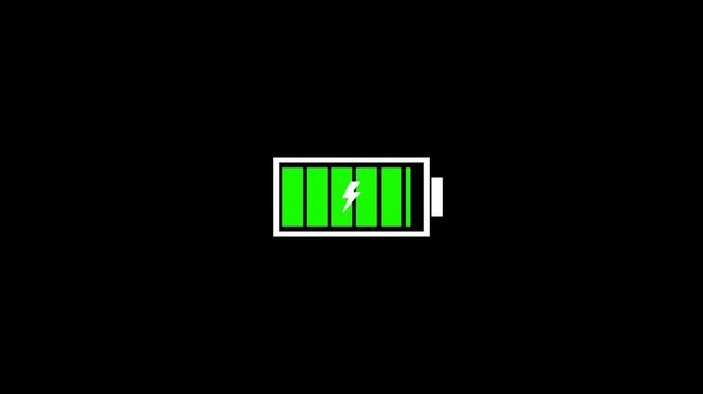 Battery charge neon sign Abstract battery with charging symbol in futuristic glowing polygonal style, Low battery power indicator animation in 4k with alpha channel.